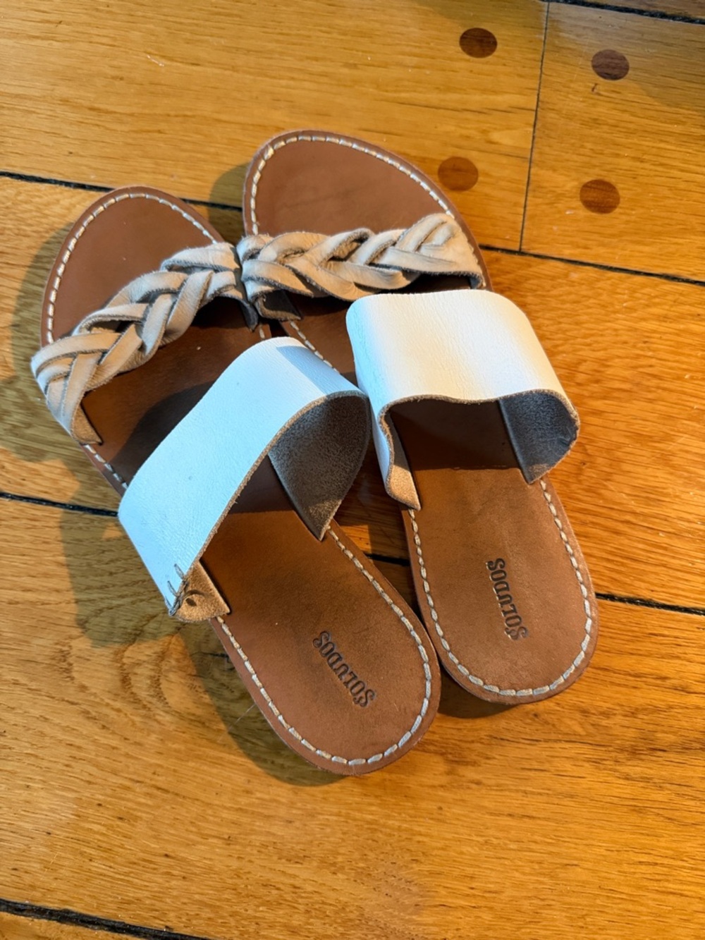 Soludos White and Tan Braided Slide Sandals